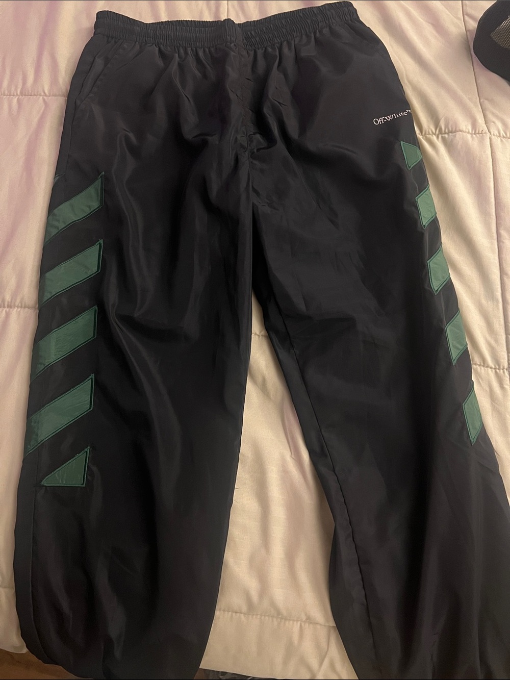 Off-White Black Track Pants with Green Chevron Panels